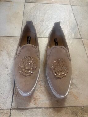 Karl Lagerfeld Taupe Slip-On Suede Loafers with Embellished Medallion